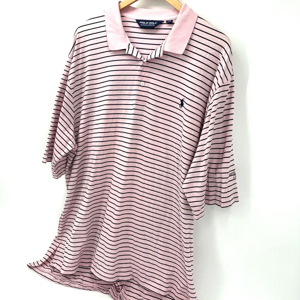 Ralph‎ Lauren Shirt Mens XXL Golf Polo Pink Blue Striped LAUREL ISLAND LINKS